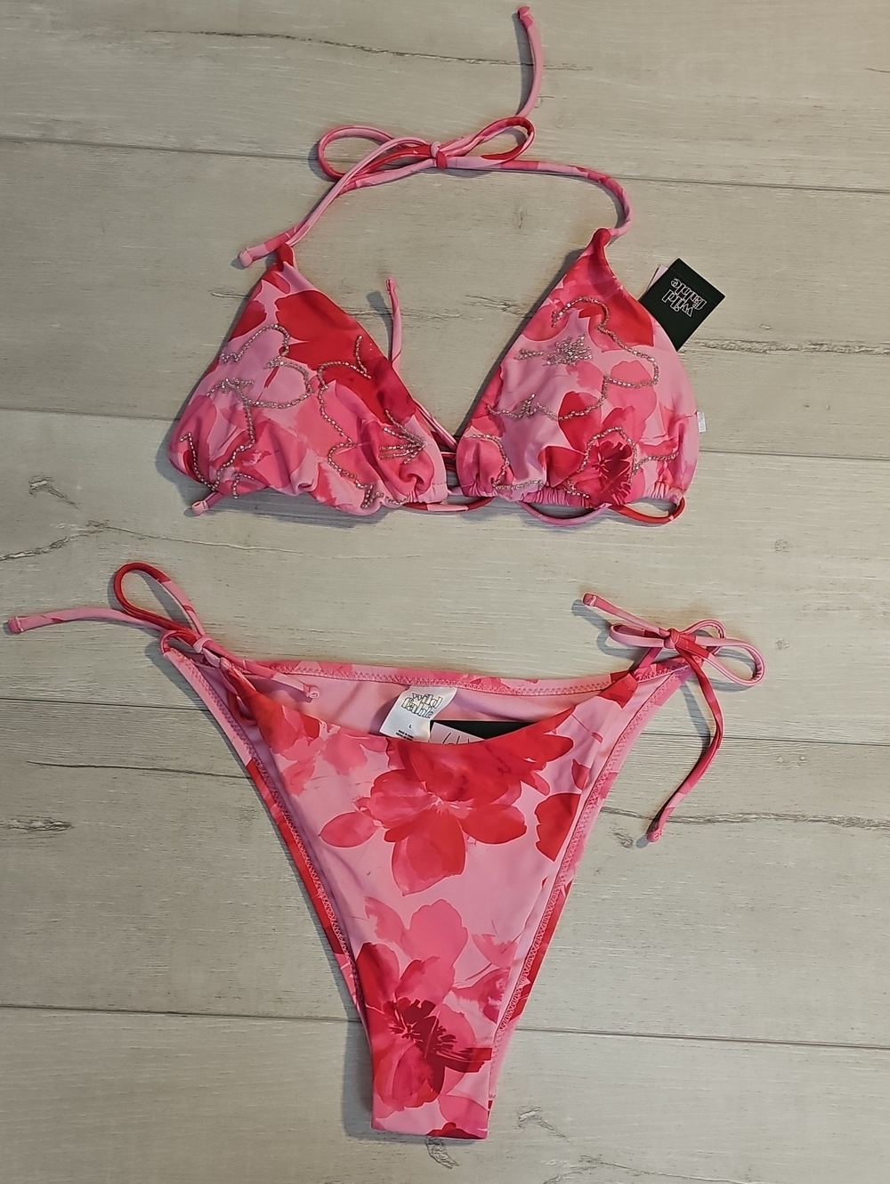 Wild Fable Women's L Pink Floral Beaded Tie-Side Triangle Bikini Set